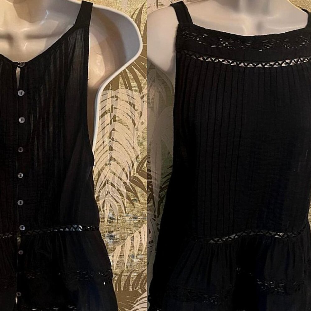 Free People Sz Med Black Pintuck and Lace Camisole Tunic Top